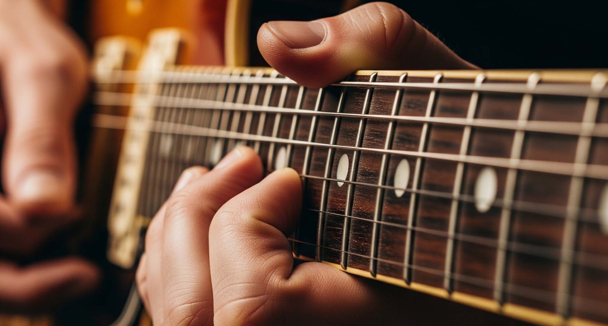 Guitar fretting hand high on the fretboard
