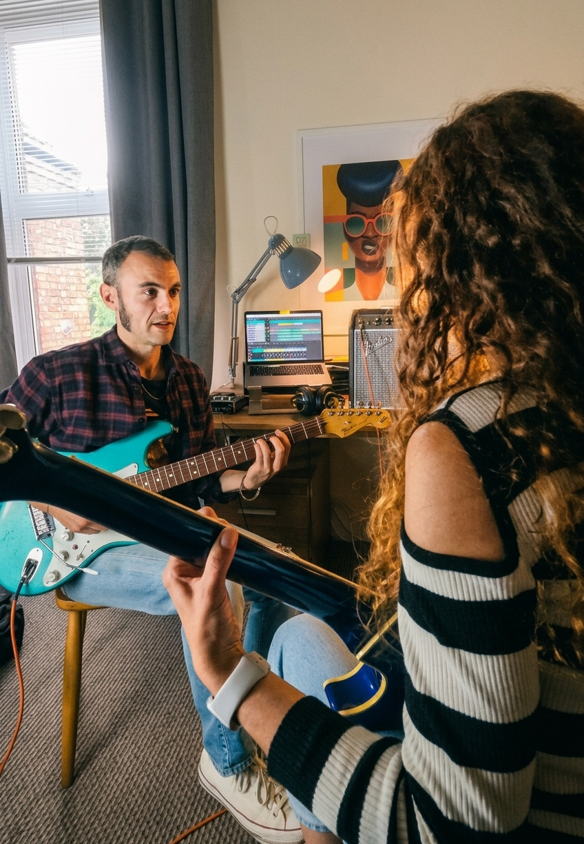 Guitar teacher in studio setting giving instruction to a female student